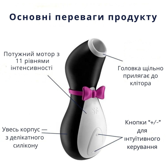 Вакуумный вибратор для клитора Satisfyer Penguin, 11 режимов, цвет чёрный